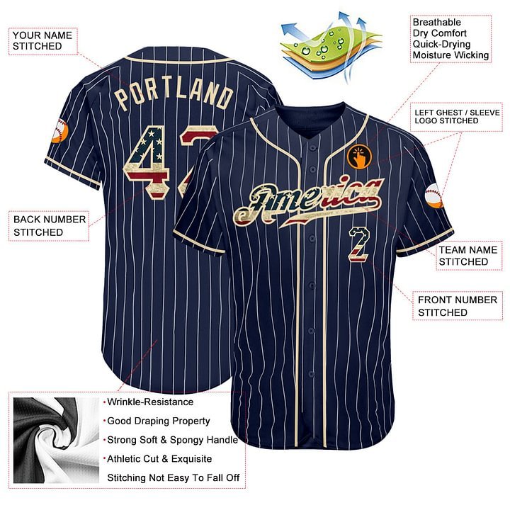 Custom Navy White Pinstripe Vintage USA Flag-Cream Baseball Jersey