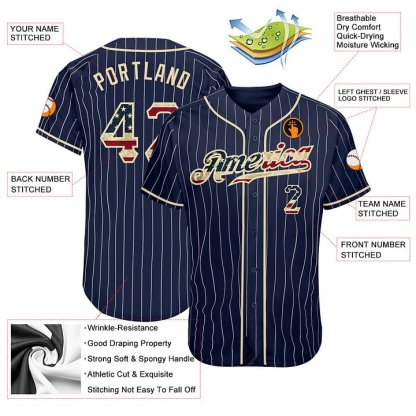 Custom Navy White Pinstripe Vintage USA Flag-Cream Baseball Jersey