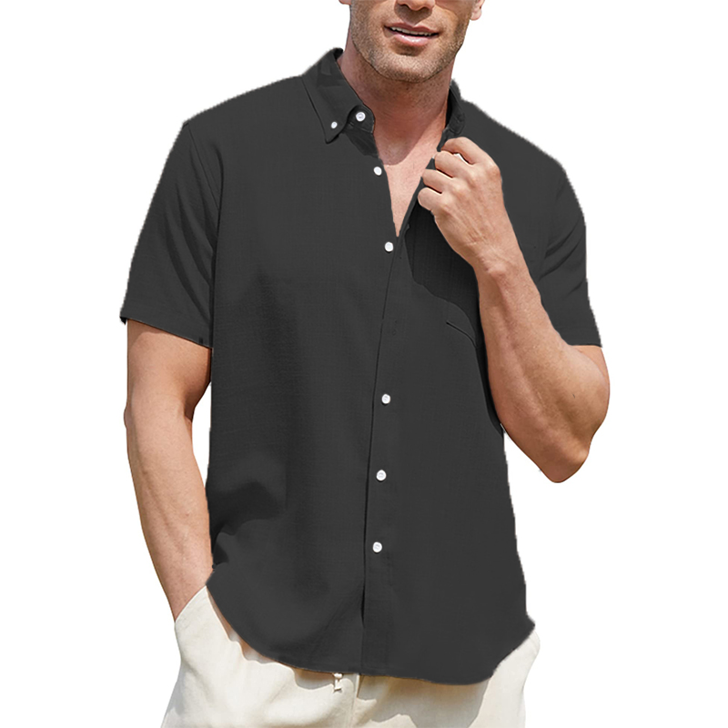 Summer Polo Solid Short Sleeve Button Men's Linen Shirt