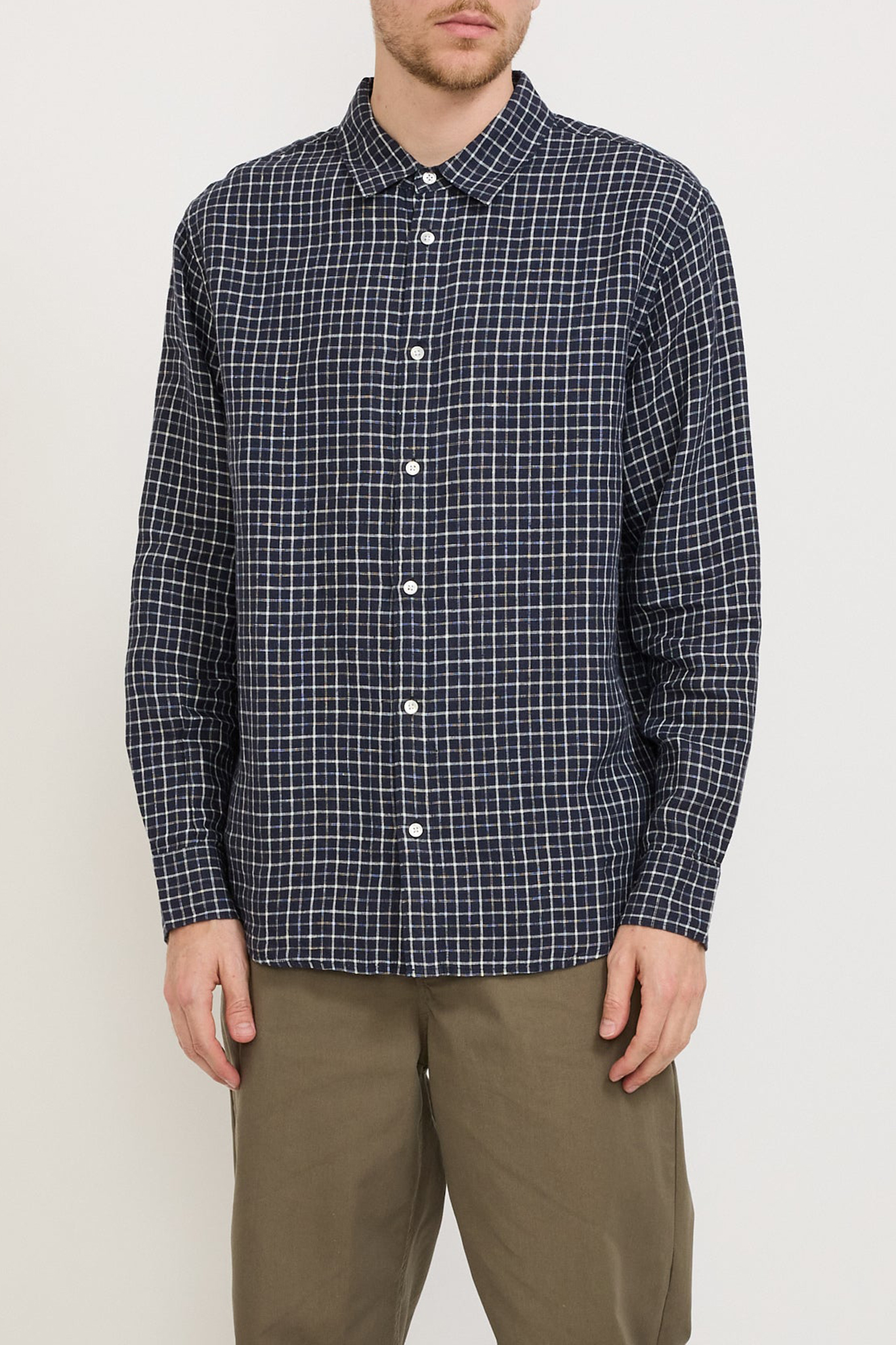 Linen Check Long Sleeve Shirt Navy/White Check