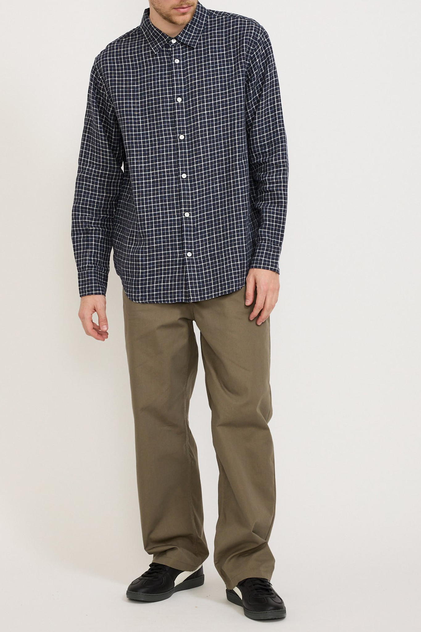 Linen Check Long Sleeve Shirt Navy/White Check