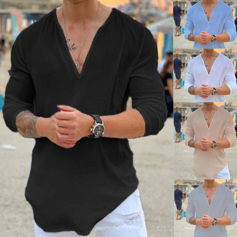 Neue Mode V-Ausschnitt Casual Solid Color Herren T-Shirt Baumwolle Leinen Herrenhemd
