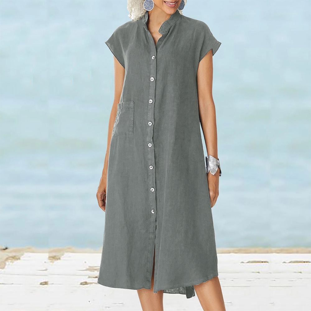 Hibote Einreihiges Kleid aus Baumwolle und Leinen mit Stehkragen