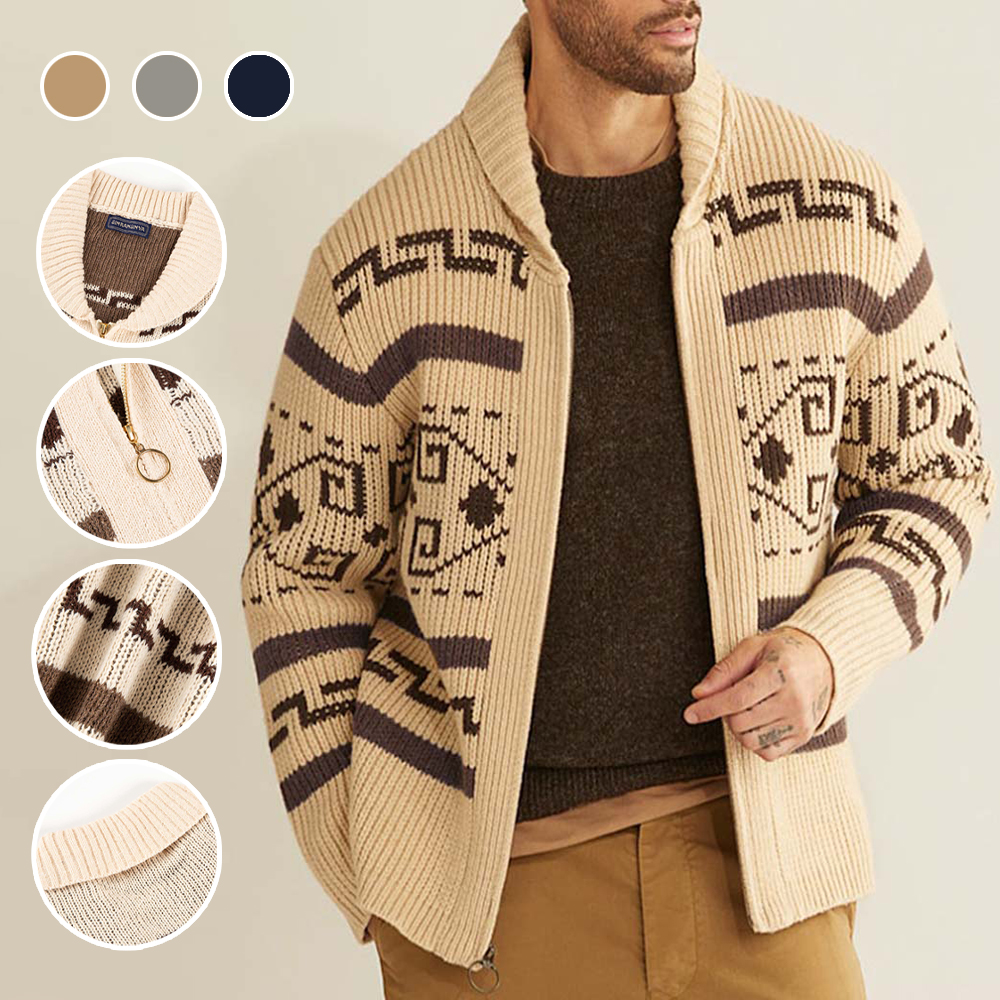 Figcoco New Men's Fashion Winter Lapel Casual Knitted Jacquard Cardigan Jacket
