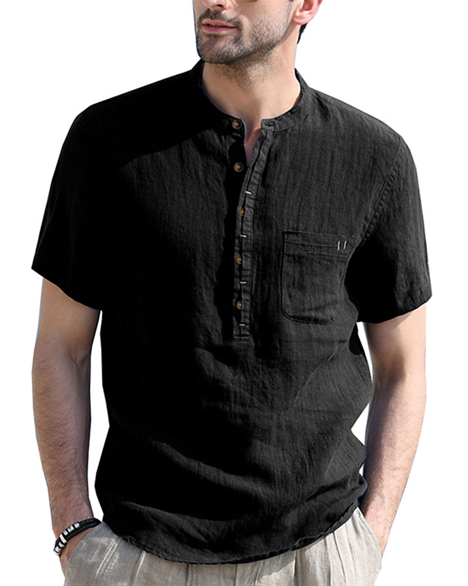 Hibote™ Kurzärmliges Stehkragenhemd aus Baumwolle und Leinen für Herren