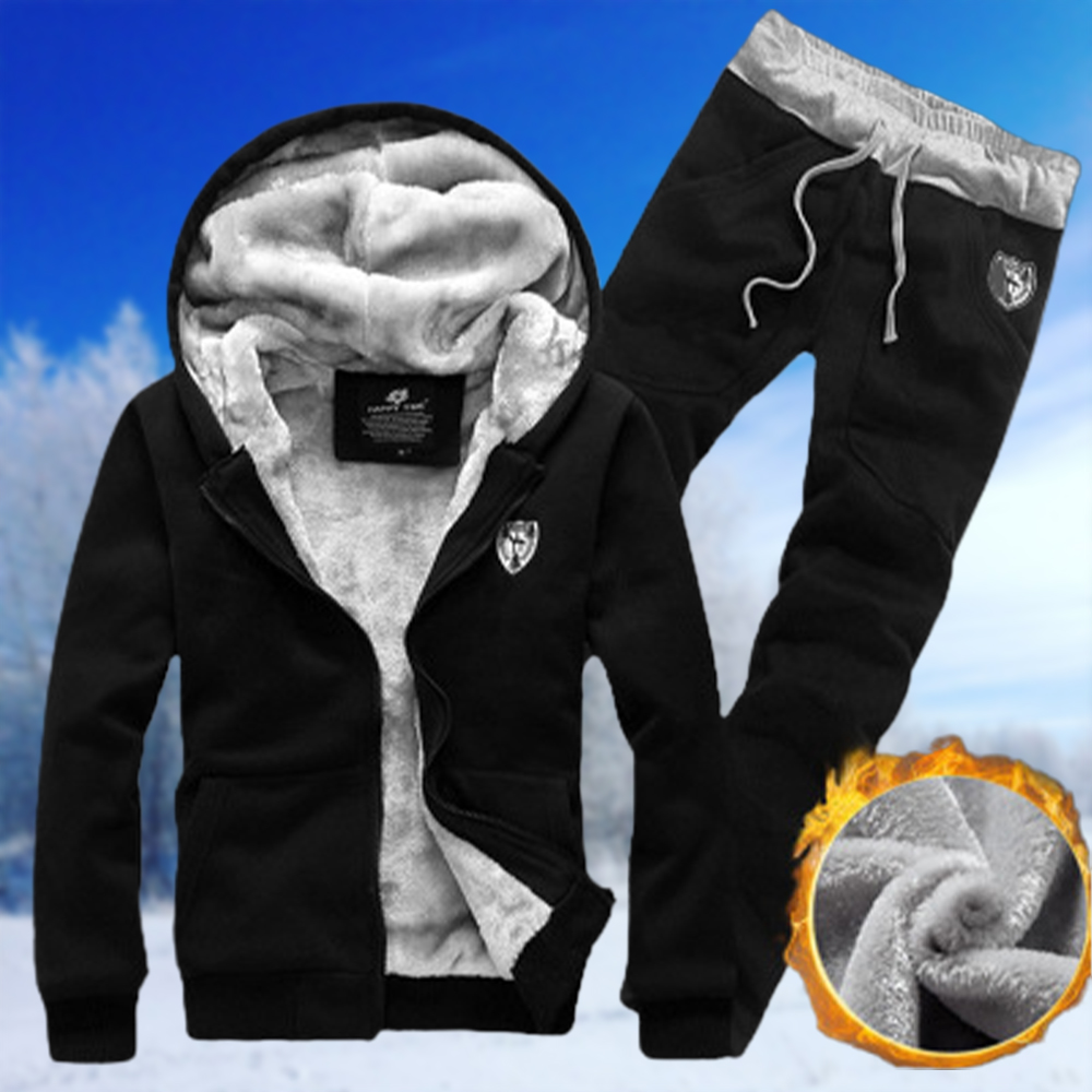 Herren-Winter-Fleece-Kapuzenjacke, elastische Taille, Hose, Sportanzug