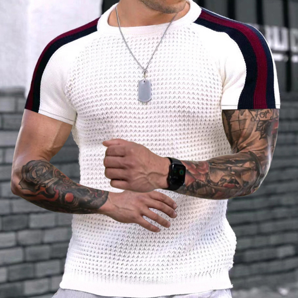 Sommer Rundhals Farbkontrast Kurzarm T-Shirt Herren Casual Loose Waffel Kurzarm