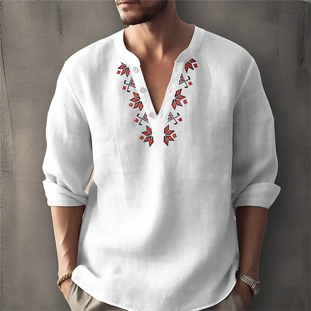 Diggetty Men's new ethnic style printed v-neck long sleeves