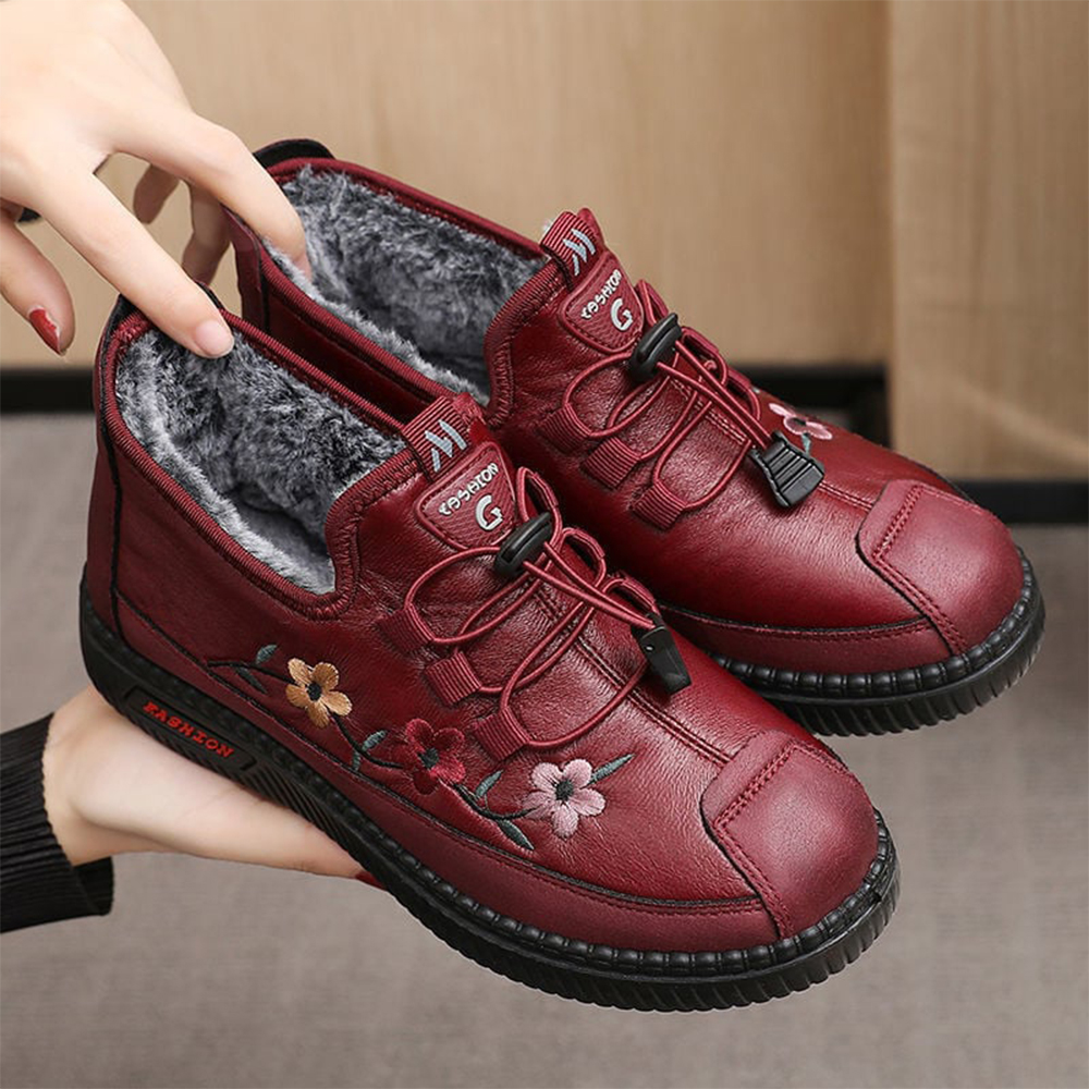 Figcoco Leather Fur Moccasins Women Loafers for Elderly Females