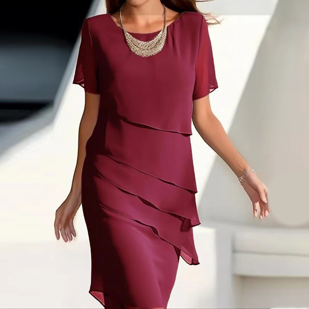 Hibote Damen-Chiffonkleid mit Rundhalsausschnitt und kurzen Ärmeln