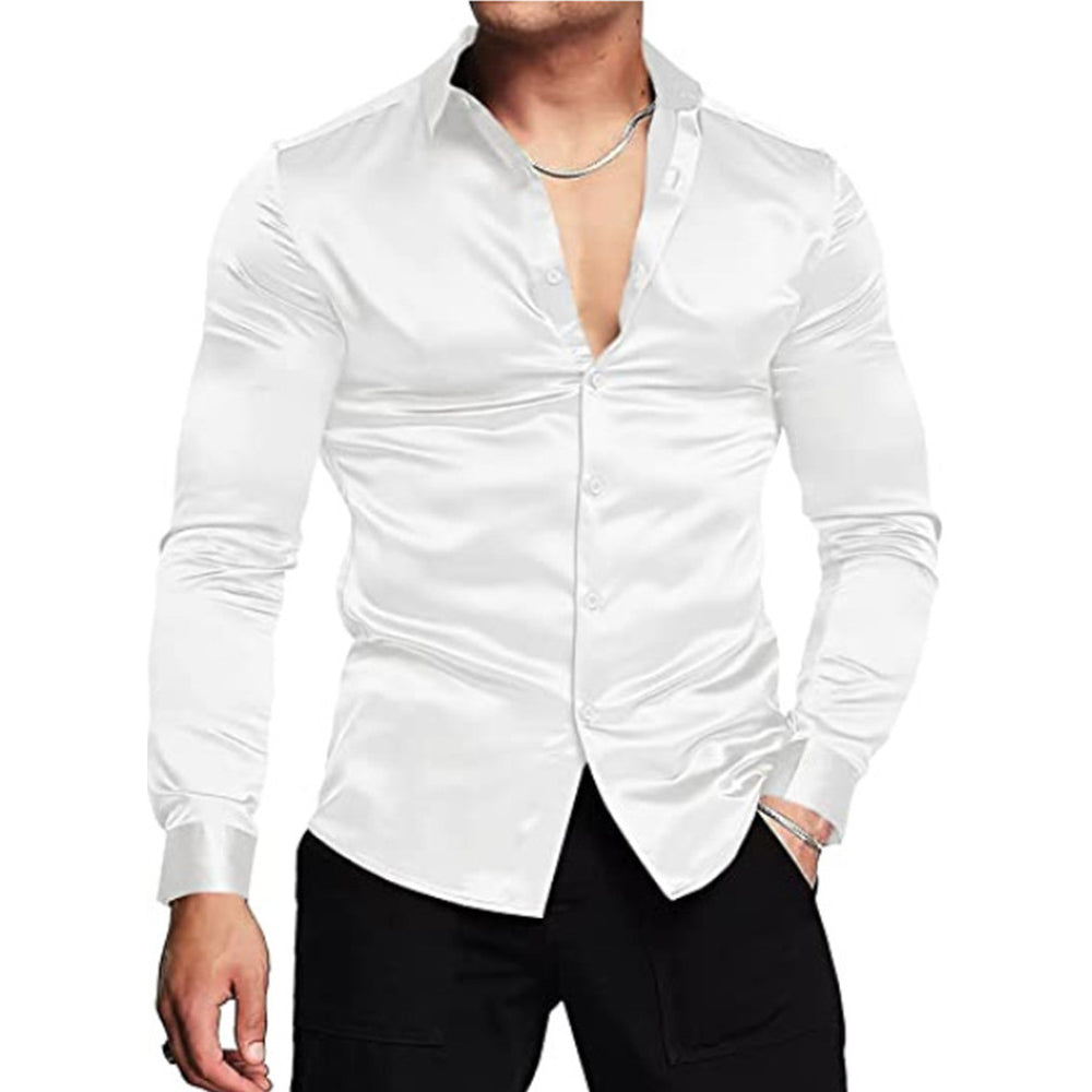 Hibote Einfarbiges Herren-Langarmhemd aus Satin