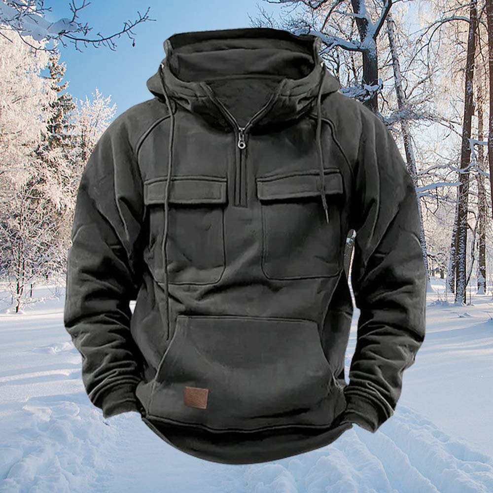 Hibote Herren-Hoodie mit mehreren Taschen und halbem Reißverschluss
