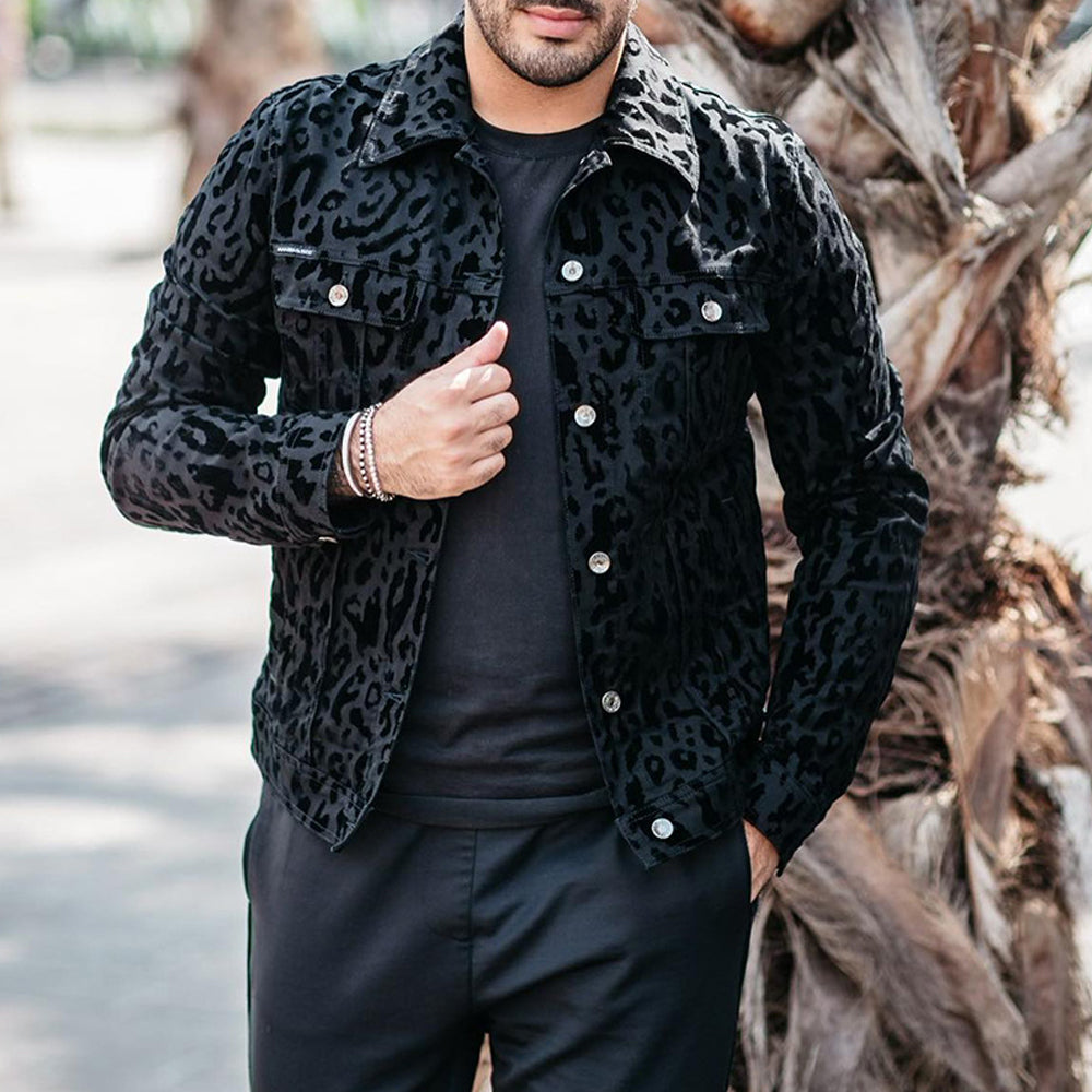 Hibote Herrenmode Leopard Print Revers Jacke