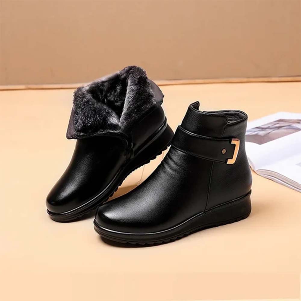 Wearscomfy Genuine Leather Metal Buckle Velvet Boots