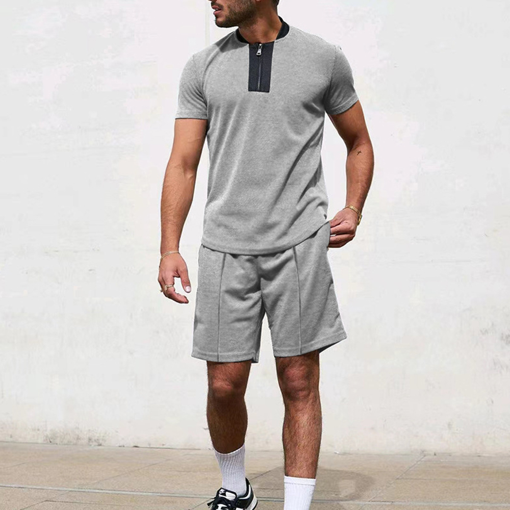 Hibote Herren Waffel Trainingsanzug Mode Lässig Ein Drittel Reißverschluss Kurzarm Shorts Trainingsanzug