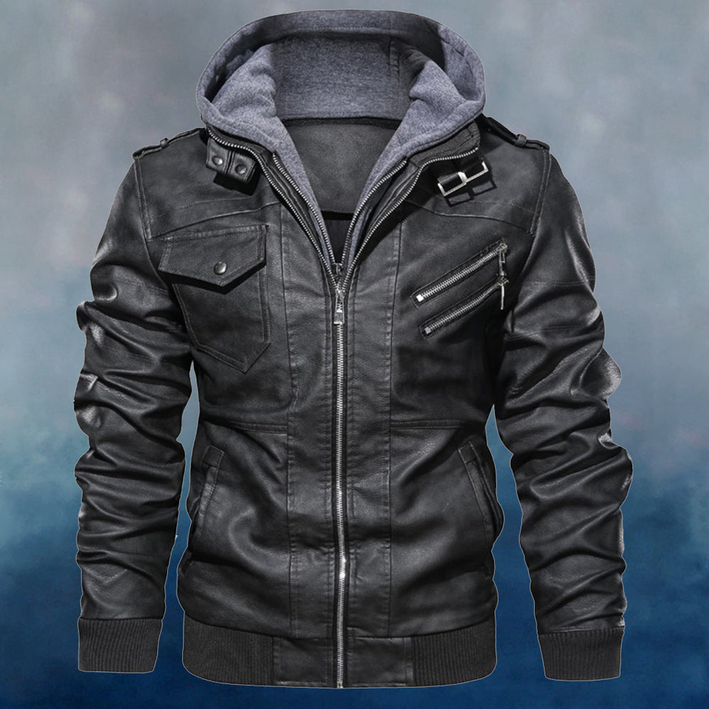 Figcoco Men's Zippered Multi-Pocket Fleece Hooded Cargo Jacket