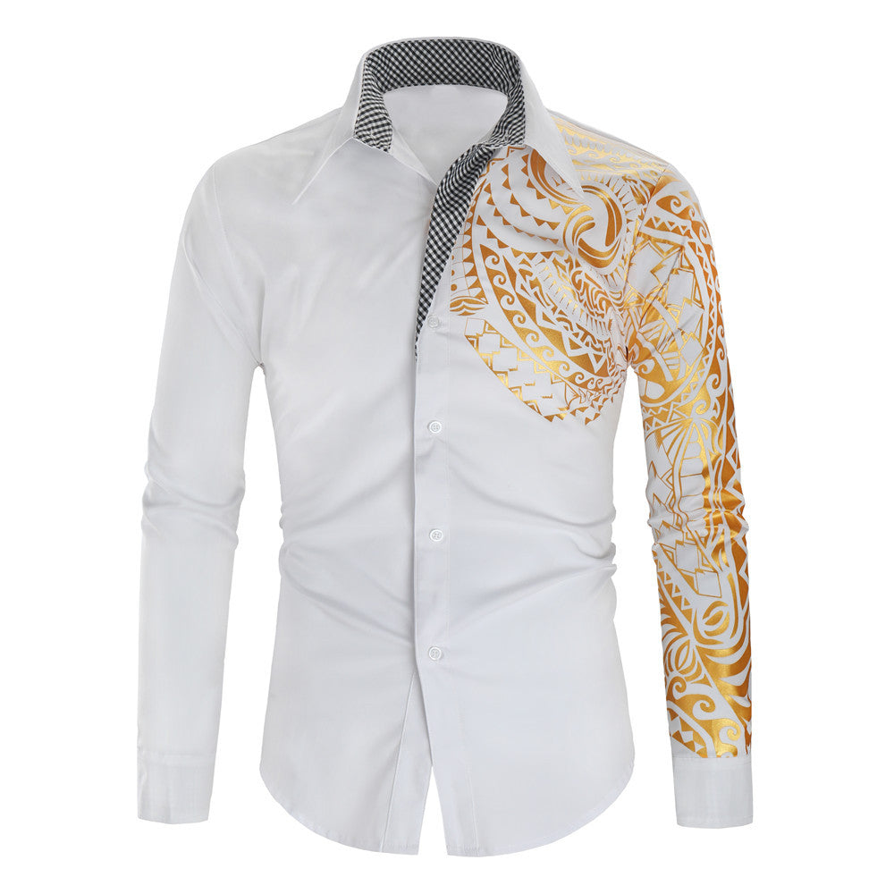 Hibote Lässiges Herren-Langarmhemd mit Bronzing-Print