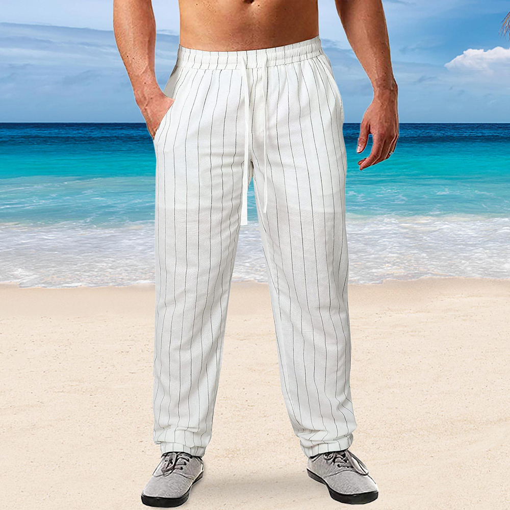 Men's Vertical Stripe Elastic Waist Cotton Linen Casual Trousers