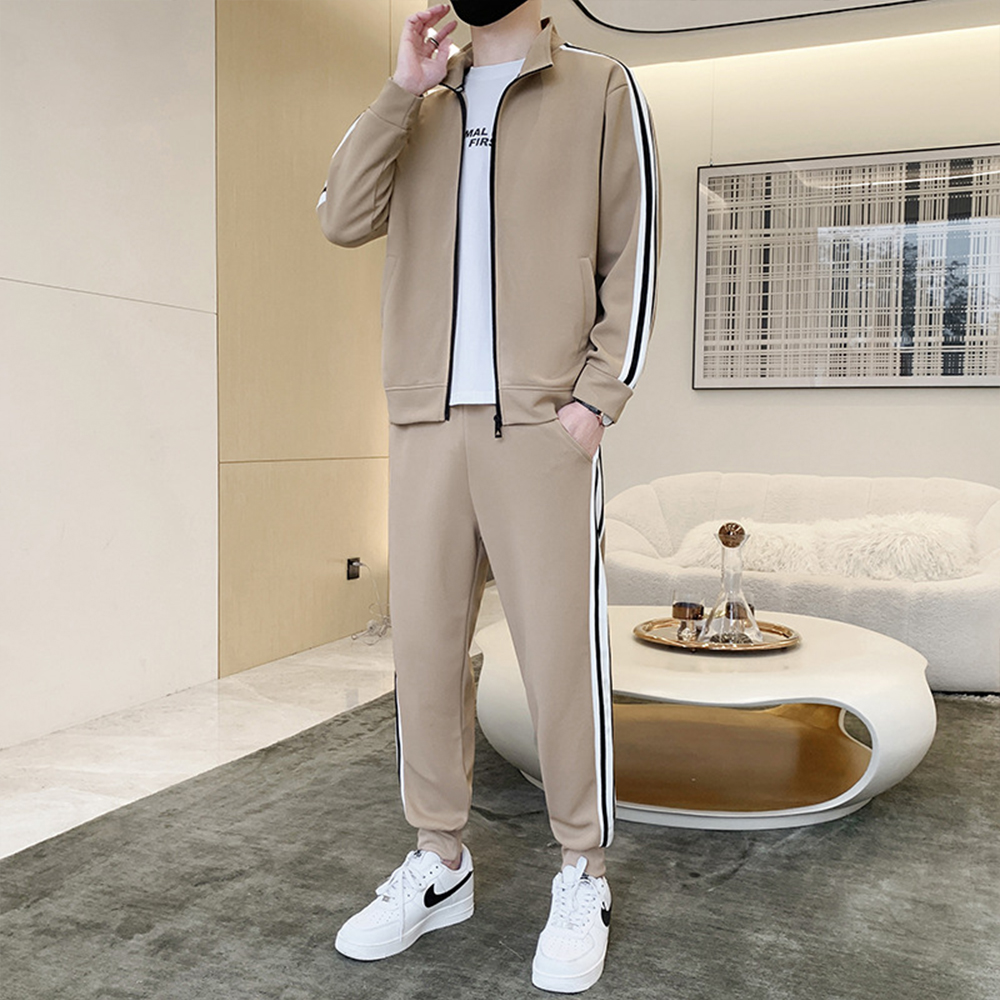 Diggetty Men's new striped stand-up collar zipper jacket and jogging pants two-piece set
