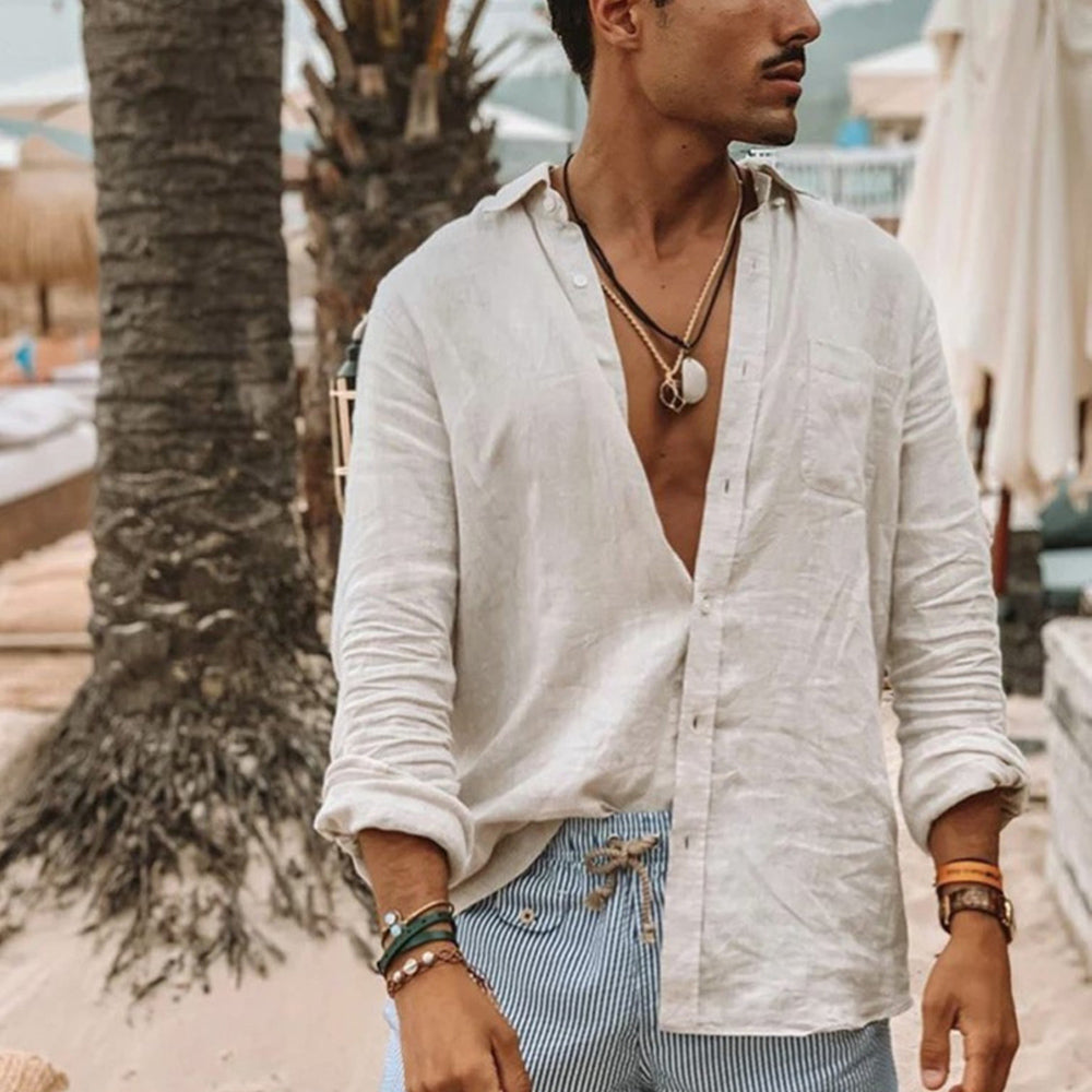 Hibote™ Herren Sommer Einfarbig Baumwolle Leinen Lose Revers Langarm Button-Up Hemd