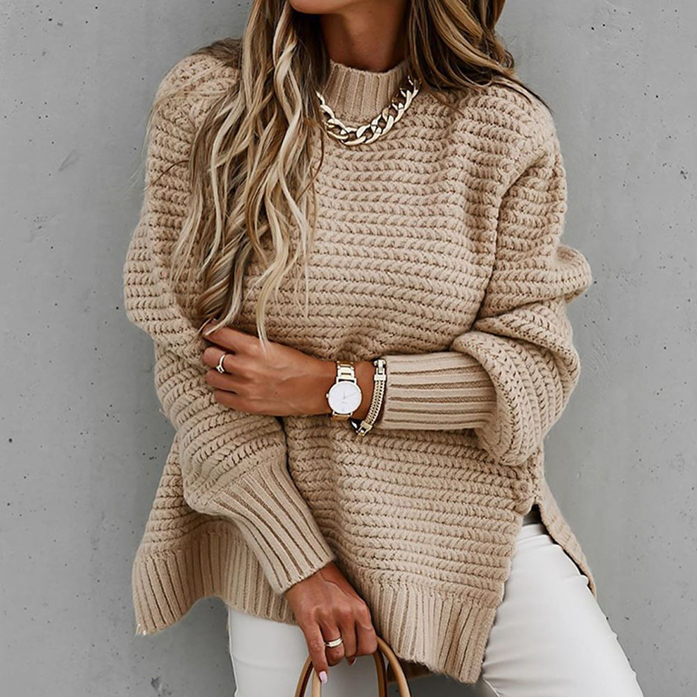 Figcoco Mock Neck Solid Side Slit Knit Sweater