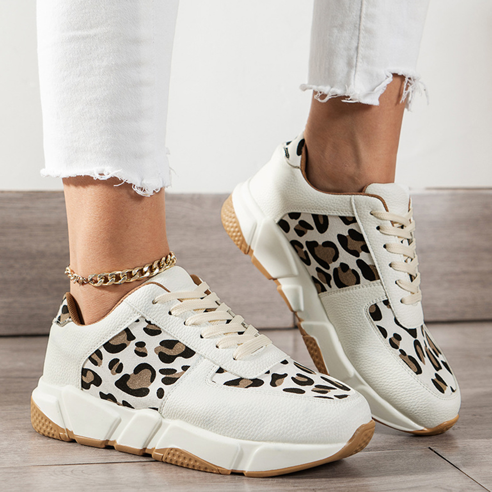Hibote Frühling und Sommer neue Damen-Plateau-Leder-Leopard-Sneakers zum Schnüren