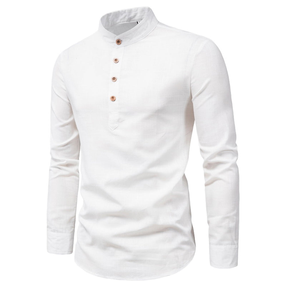 Diggetty Men's cotton and linen stand collar half-open shirt