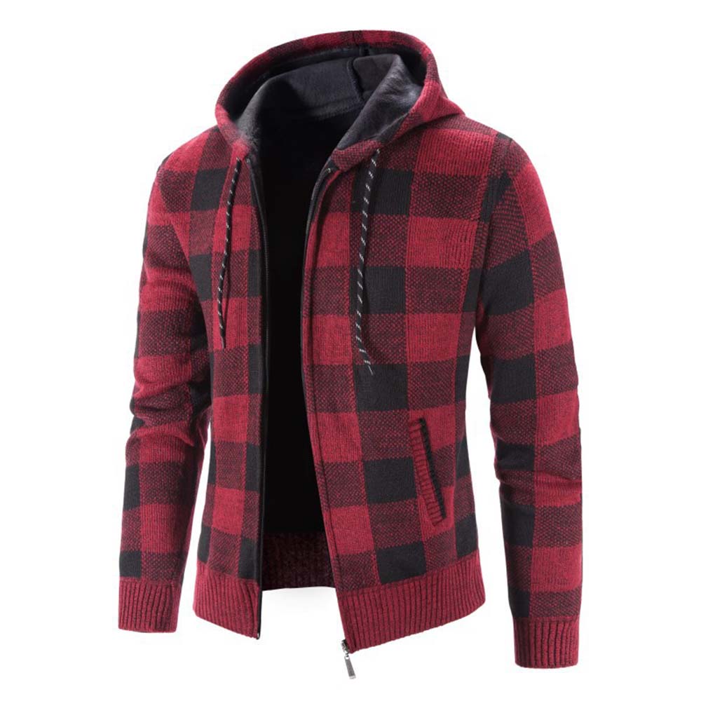 Silberfleck  Verdickte karierte Strickjacke mit Kapuze für Herren
