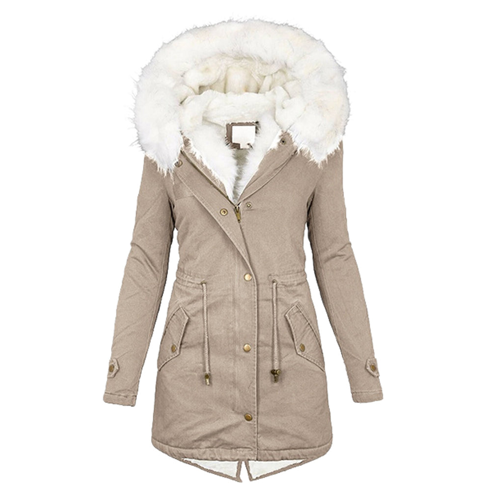 LV40004Mittellanger Damen-Trenchcoat aus Fleece mit Kapuze und Pelzkragen