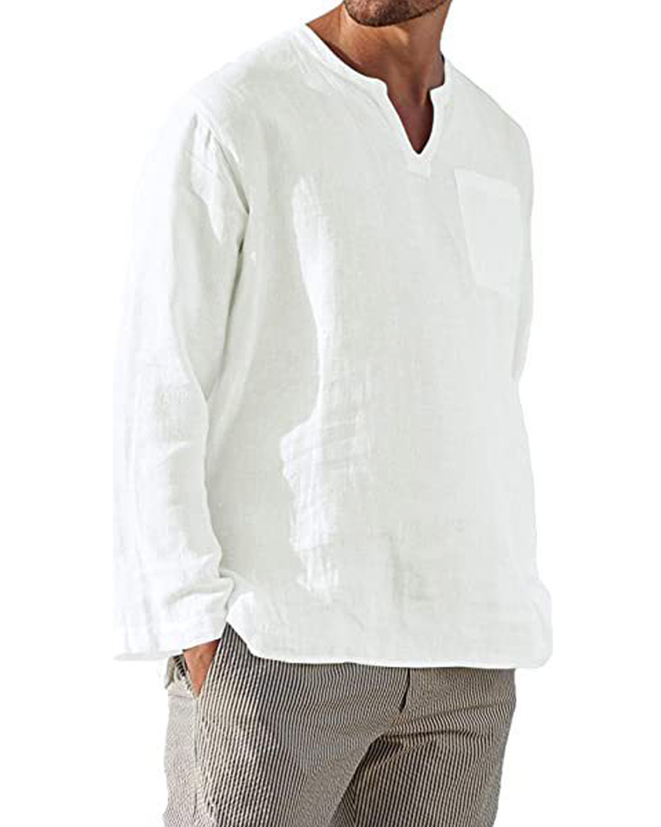 Hibote™ Lässiges Strand-Leinen-Langarm-Shirt mit V-Ausschnitt für Herren