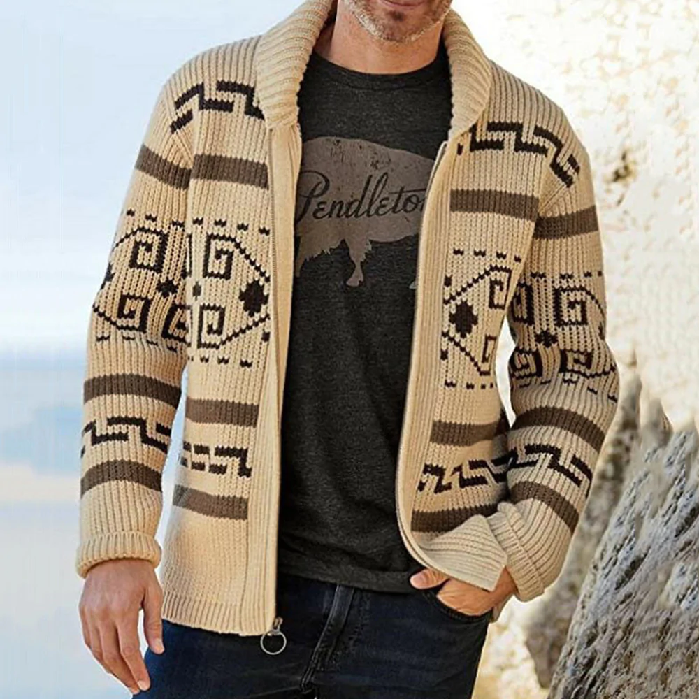 Figcoco New Men's Fashion Winter Lapel Casual Knitted Jacquard Cardigan Jacket