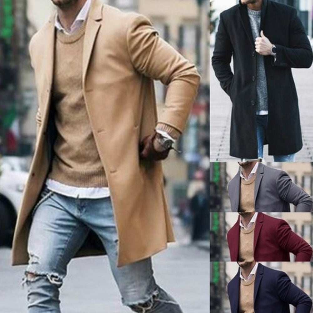 Hibote Herbst und Winter neuer einfarbiger, mittellanger Trenchcoat für Herren