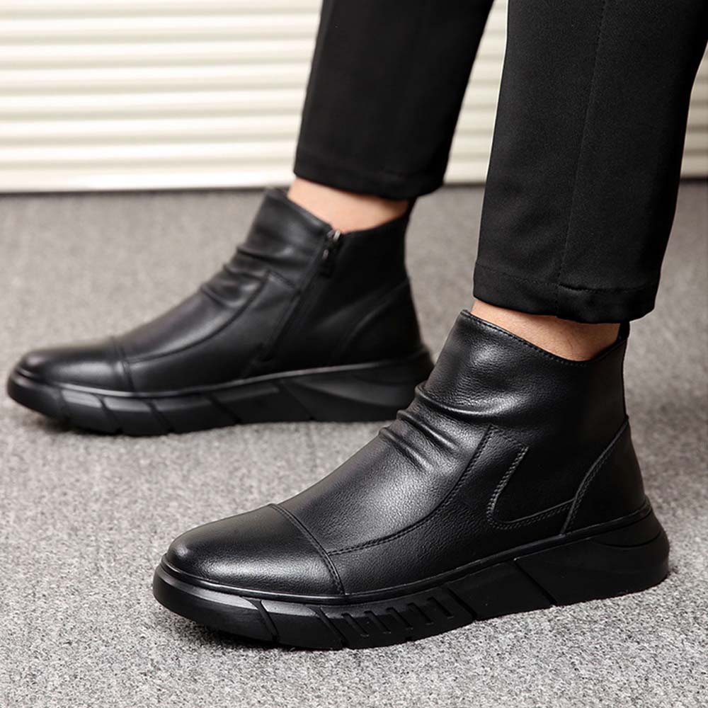Figcoco New Men's Side Zip Leather High Top Chelsea Boots Fleece Short Boots