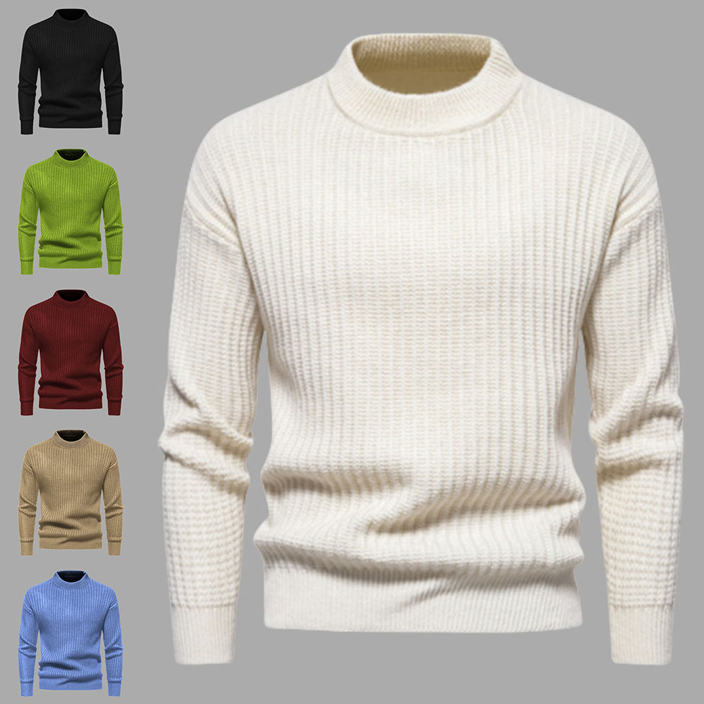 Figcoco New autumn and winter men's round neck slim solid color pullover sweater