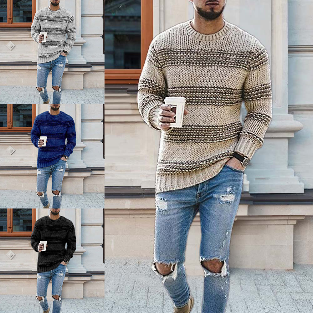 New autumn and winter men's striped slim round neck sweater