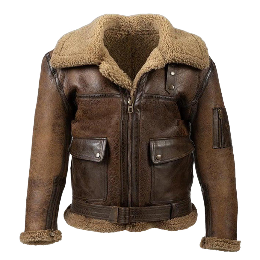 Vintage Distressed Real Fur RAF B3 Bomber Genuine Sheepskin Leather Jacket