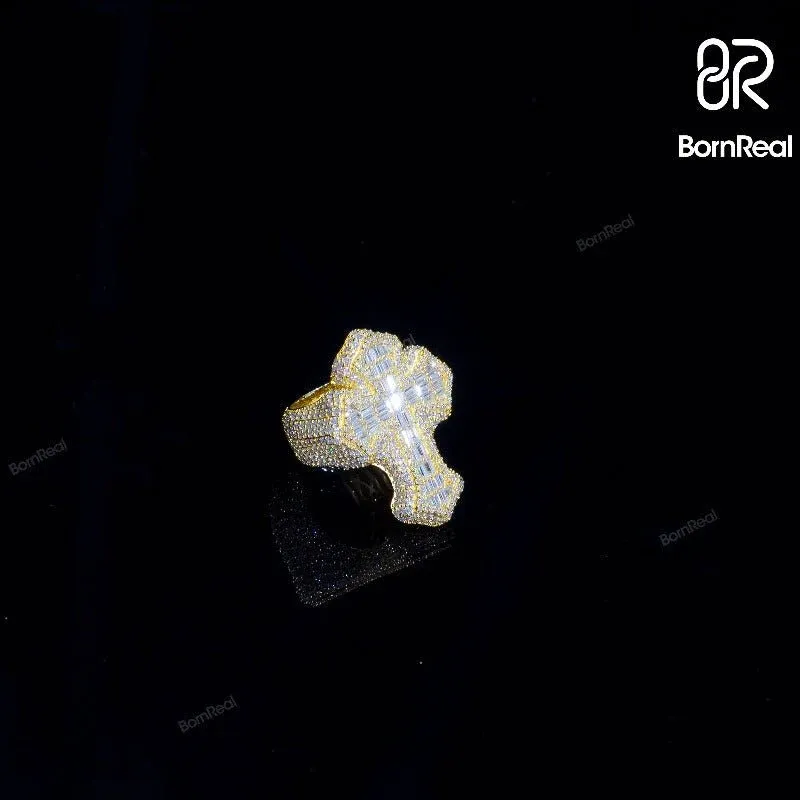 Bague en or jaune Moissanite Baguette Cross