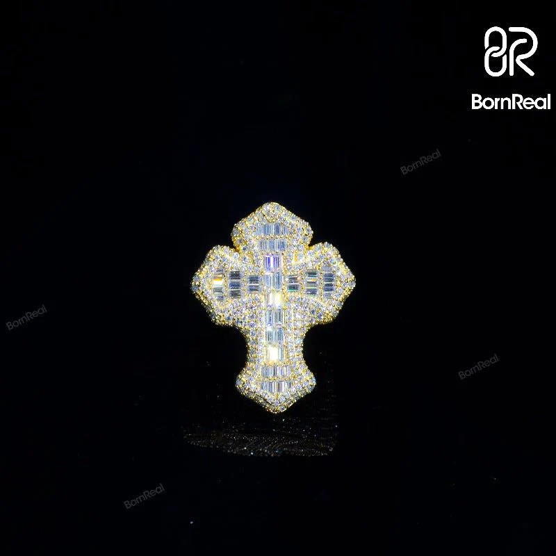 Bague en or jaune Moissanite Baguette Cross