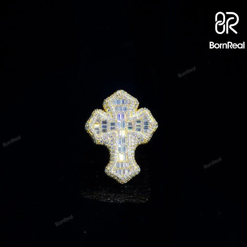 Bague en or jaune Moissanite Baguette Cross