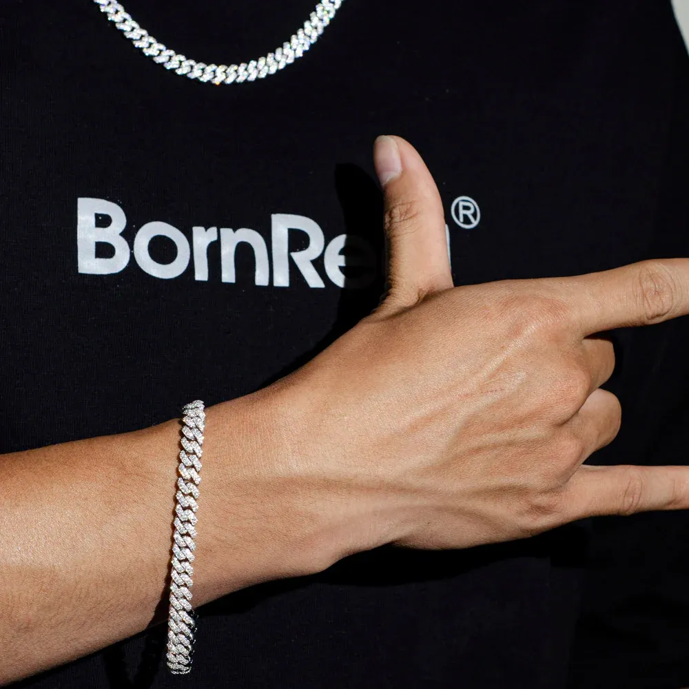 Bracelet Cubaine à Pointes Glacée en Or Blanc 6mm/8mm