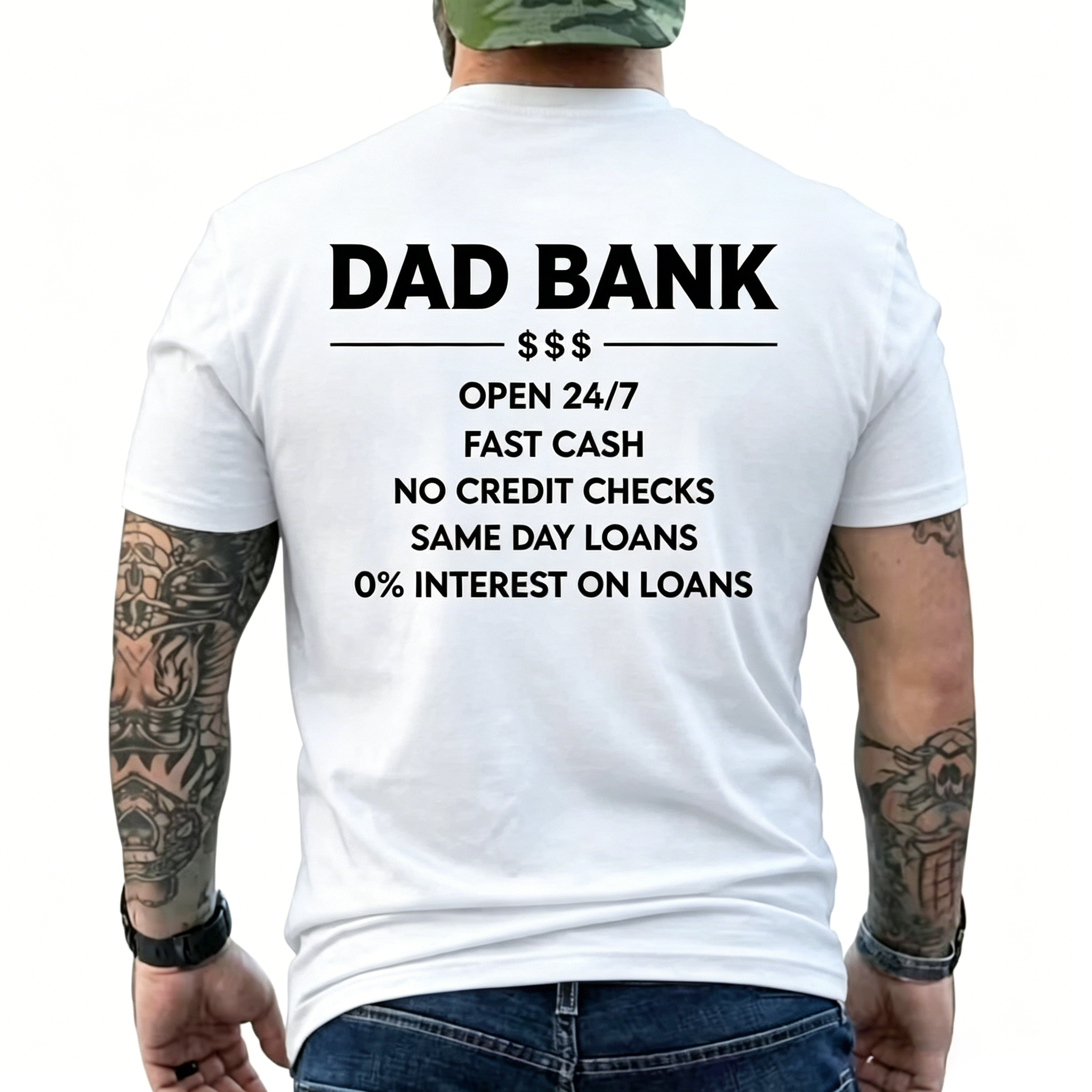 Funny Dad Bank T-Shirt for Men – "Open 247, No Credit Checks" Graphic Tee