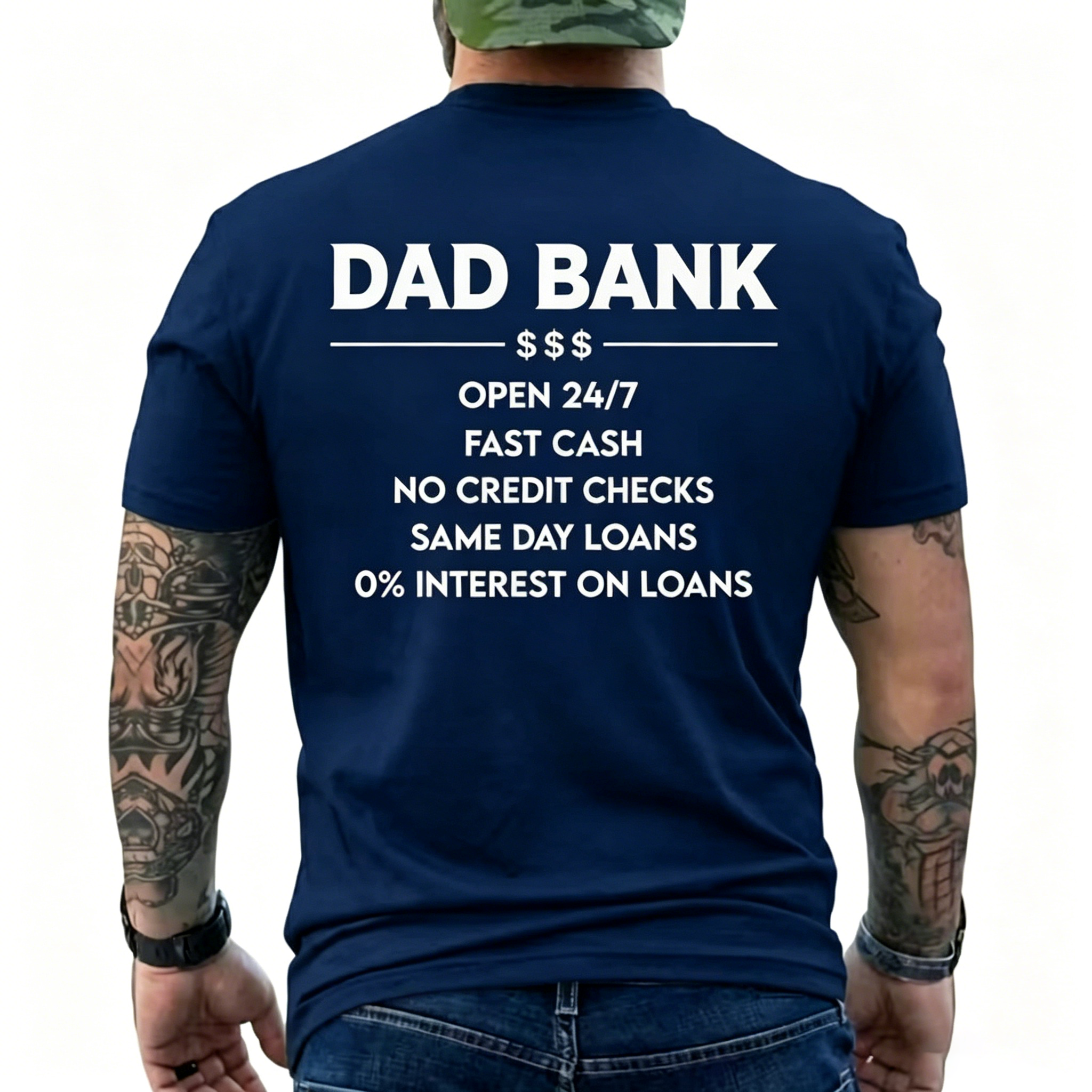 Funny Dad Bank T-Shirt for Men – "Open 247, No Credit Checks" Graphic Tee
