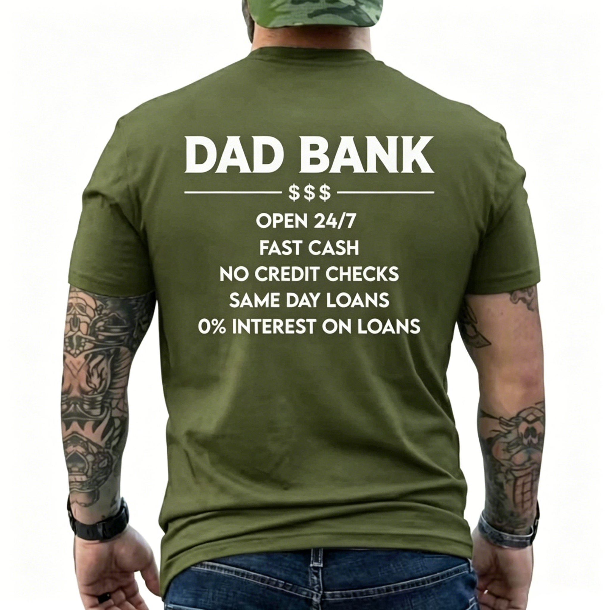 Funny Dad Bank T-Shirt for Men – "Open 247, No Credit Checks" Graphic Tee