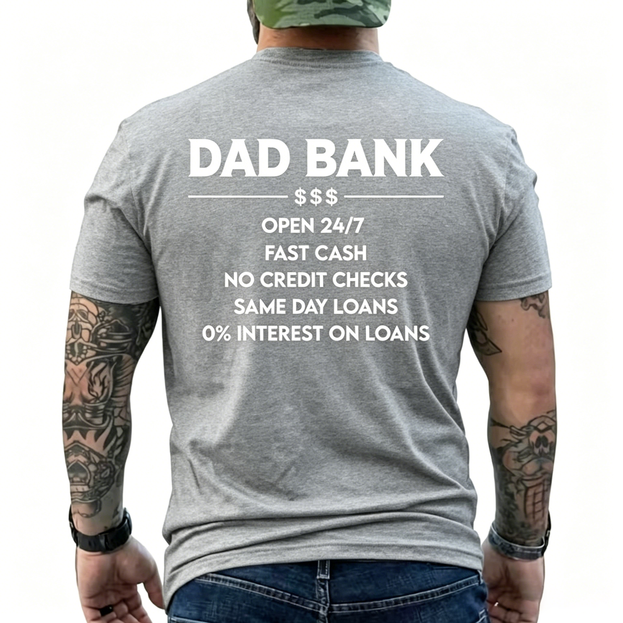 Funny Dad Bank T-Shirt for Men – "Open 247, No Credit Checks" Graphic Tee