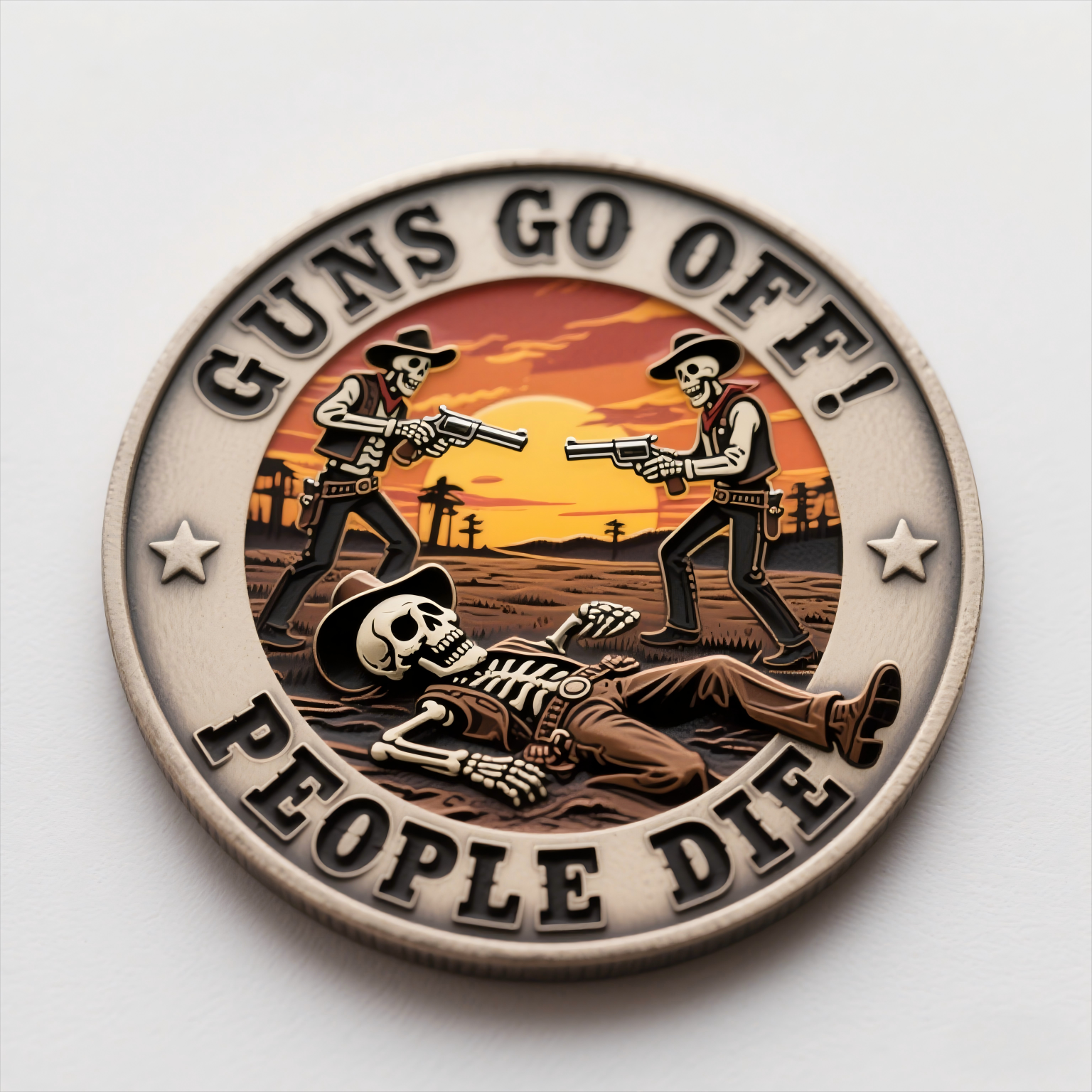 Cowboys Challenge Coins: Guns go off and people die