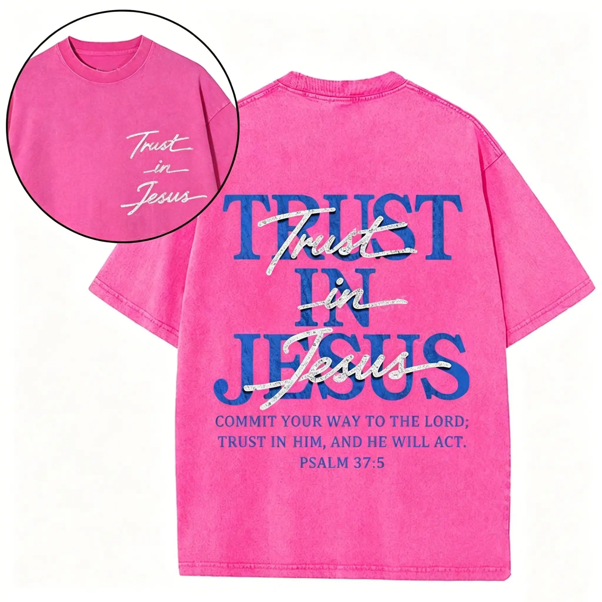 Christian Washed Oversized Tee, "Trust in Jesus" Psalm 37:5 Bible Verse Design, Faith-Based Gift for Men & Women