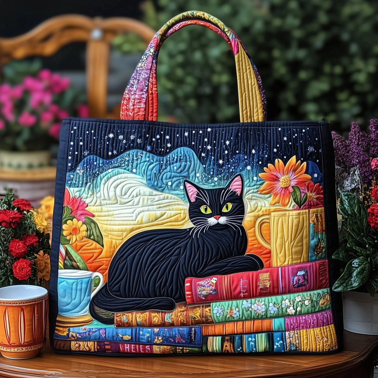 Cat and Book Quilted Tote Bag 