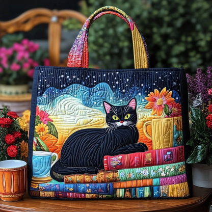 Cat and Book Quilted Tote Bag 