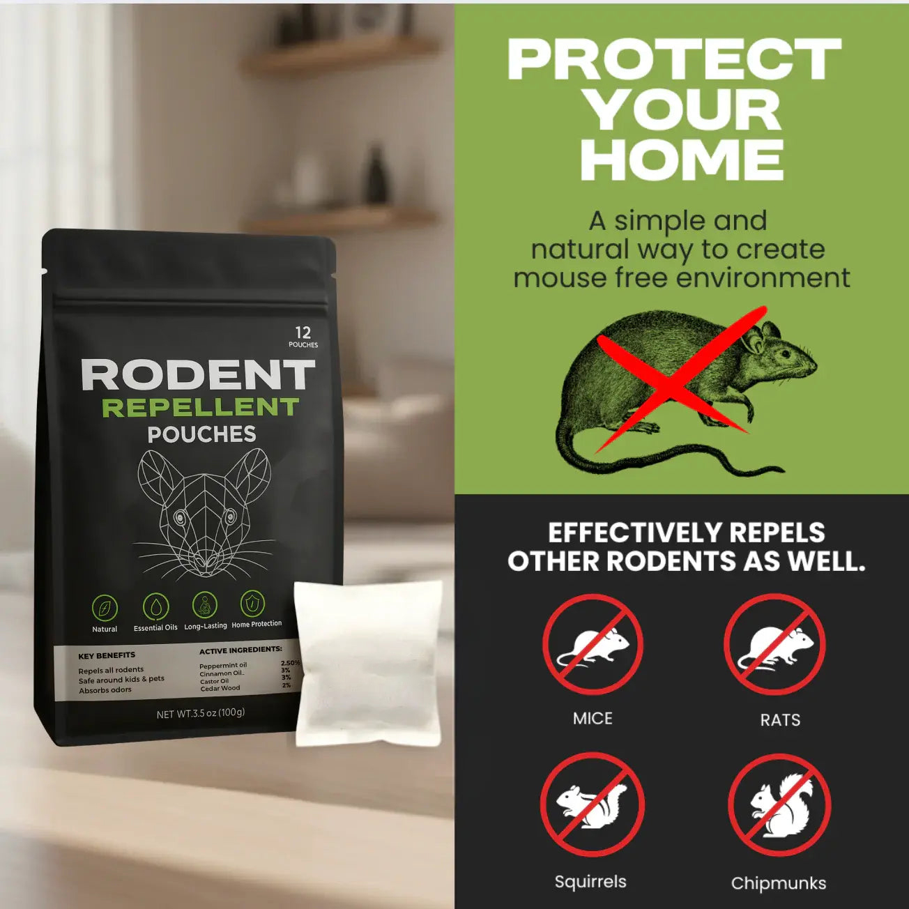 Place These Pouches Anywhere Mice Hide - And Watch Them Disappear.