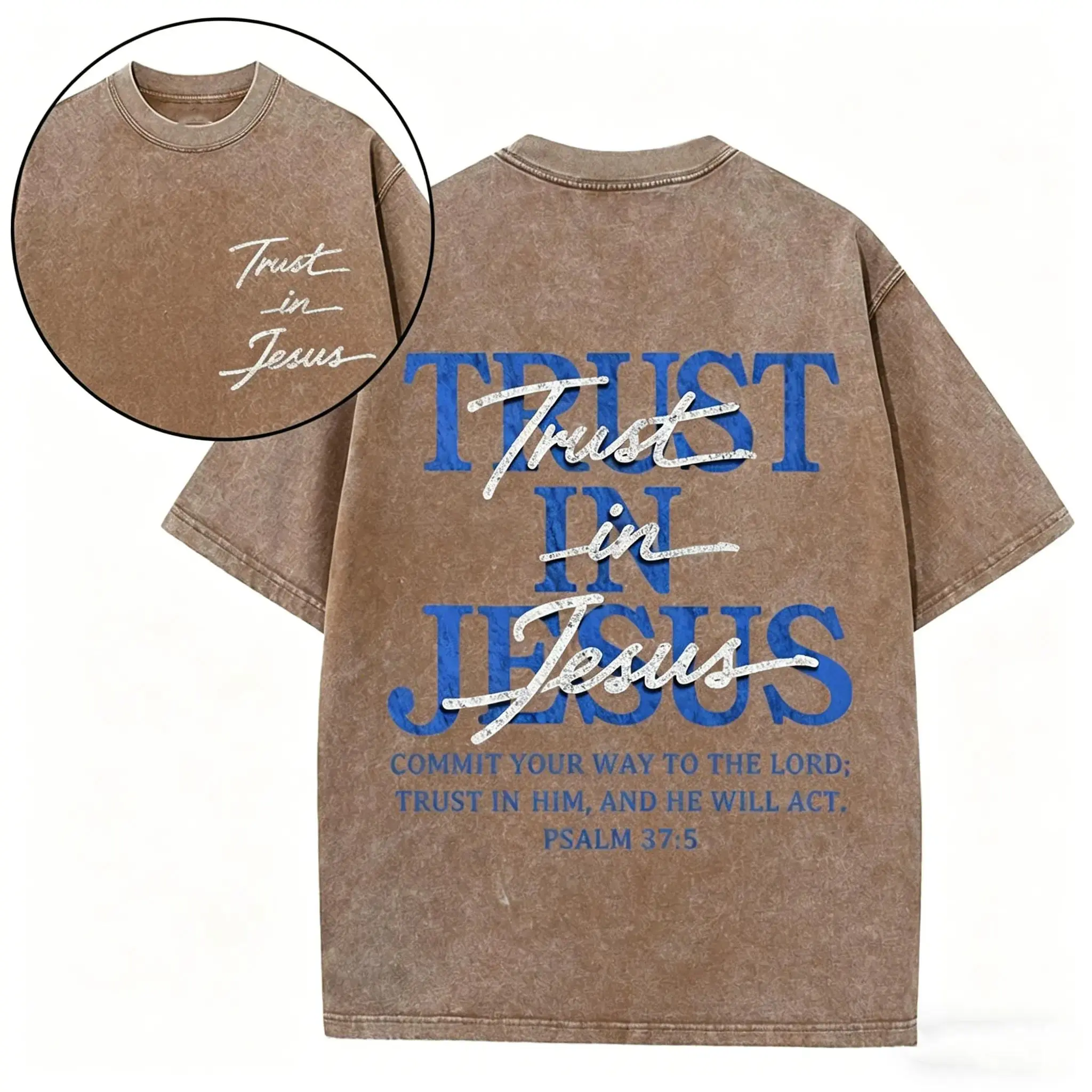 Christian Washed Oversized Tee, "Trust in Jesus" Psalm 37:5 Bible Verse Design, Faith-Based Gift for Men & Women